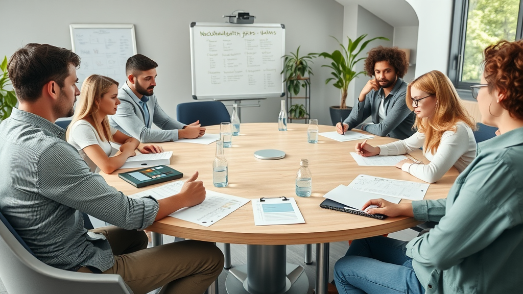 praktische Nachhaltigkeits-Checkliste, Arbeitsgruppe mit Checklisten, grüne Optionen im modernen Büro abhaken