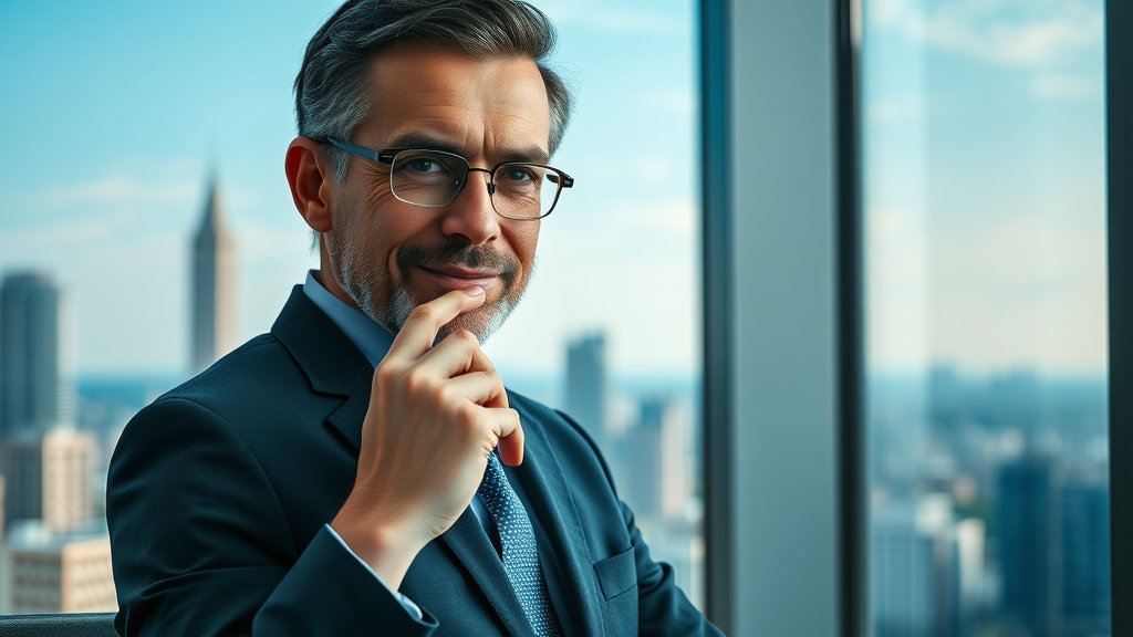 confident business leader analyzing marketplace competition, brand identity, competitive edge, Brand Voice Strategy