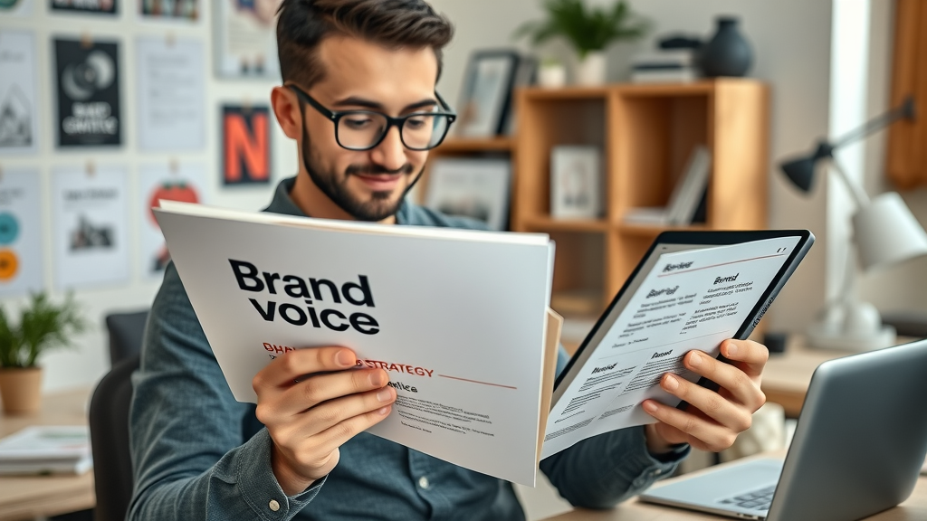 Well-organized brand voice guidebook for a strong brand tone of voice, creative workspace setting