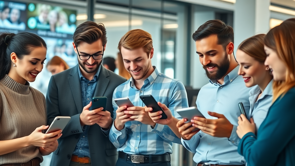 dynamic group of young professionals using smartphones and laptops, engaged, communicating and sharing information digitally in a modern office space, digital communication