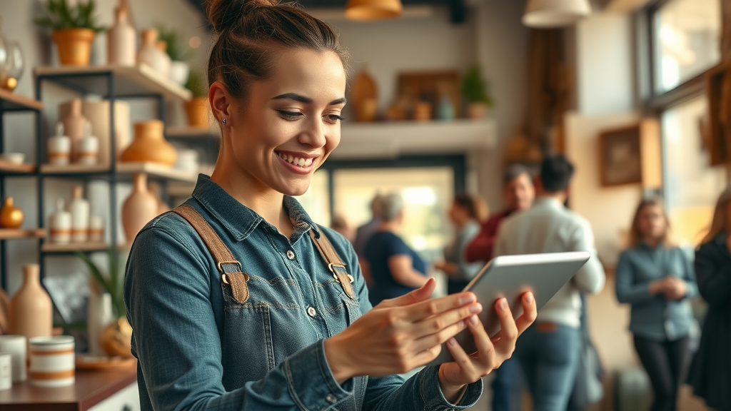 optimistic small business owner using tablet to analyze social media management, cozy shop with product displays