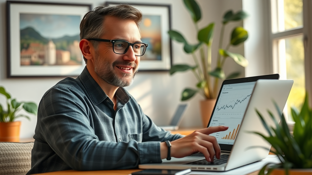 lokale und nachhaltige seo business owner reviewing seo analytics satisfied in modern workspace