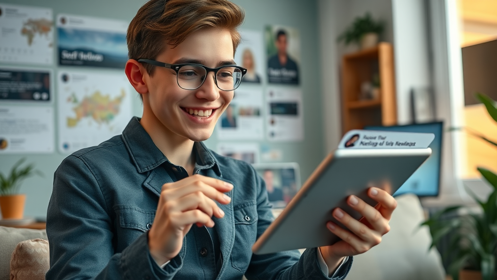young content creator interacting with global online community, social media in digital communication
