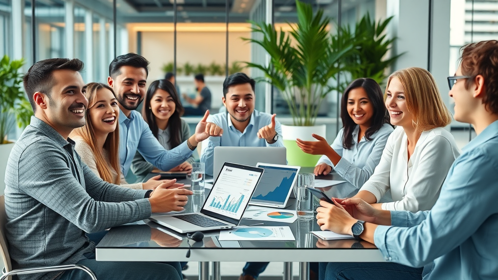 Wirkungsvolle Social-Media-Strategien im Team entwickeln, Social Media Experten analysieren Grafiken, moderne Arbeitsumgebung mit sozialen Medien