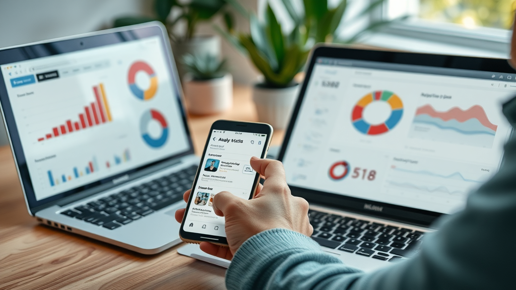 Social Media Analyse Tools: Dashboard auf Smartphone und Laptop, Social Media Markenbekanntheit für kleine Unternehmen