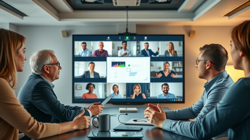 professional video conference with international team, video conferencing success in digital communication