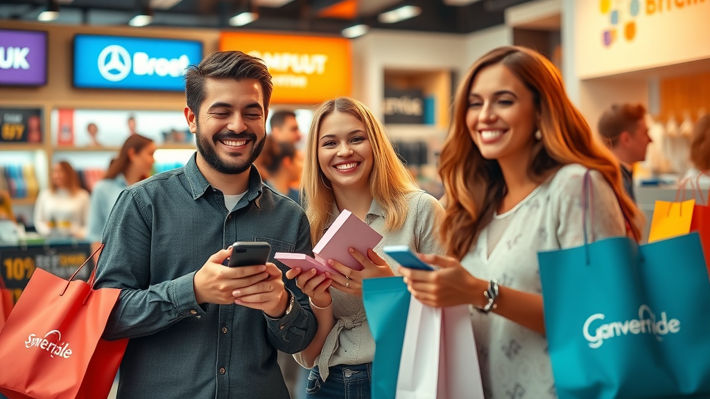 loyal customers engaging with branded products, brand loyalty, brand recognition, vibrant retail, Brand Voice Strategy