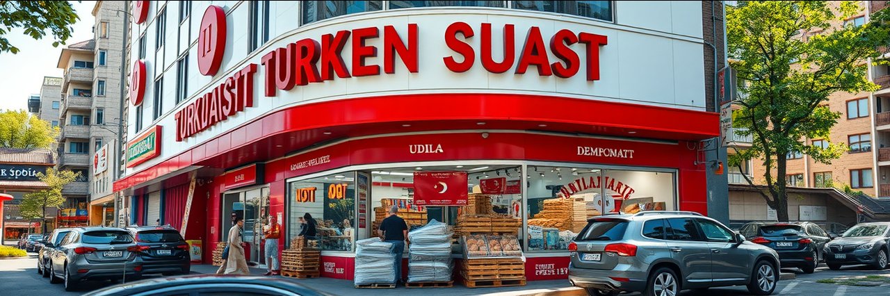 Orientalische spezialitäten market exterior with fresh bread and Turkish foods displayed.
