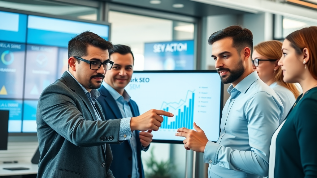 modern business team analyzing SEO performance around digital dashboard, langfristiges SEO-Wachstum