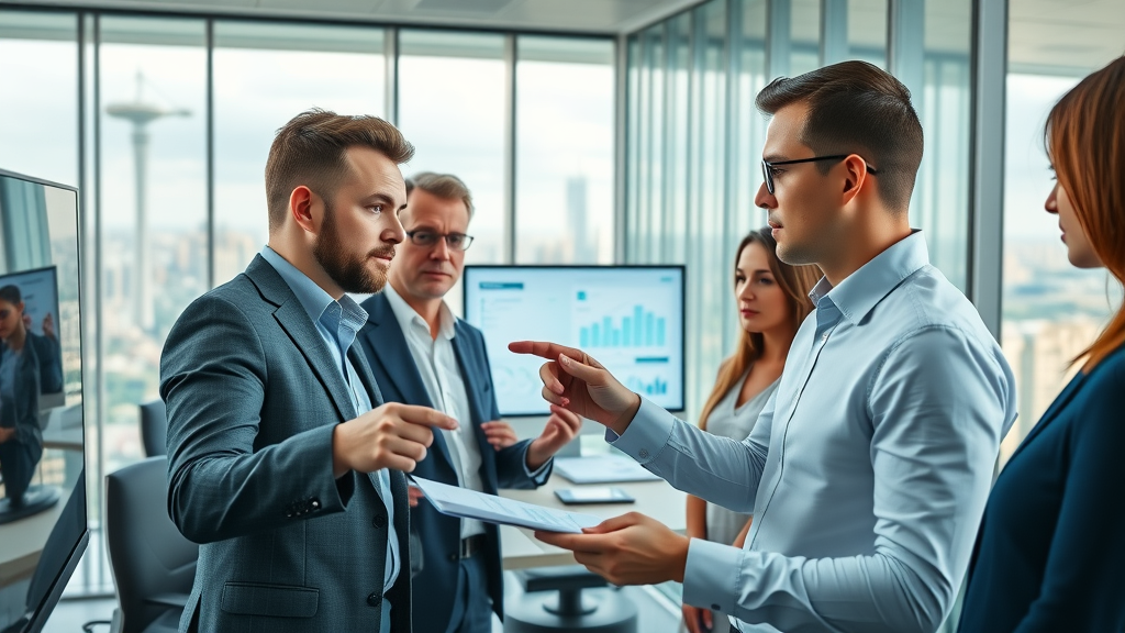 inhaltsoptimierung für markenwirkung: Moderne Marketingprofis analysieren Kampagnendaten an digitalen Bildschirmen in einem Glasbüro mit Stadtblick.