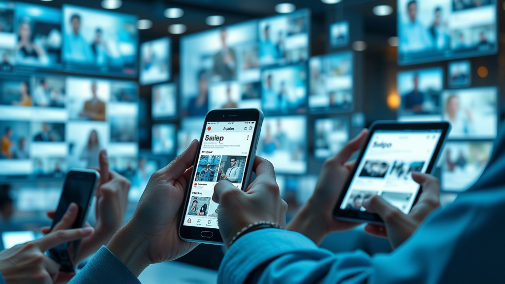 sleek visuals showing brand design on multiple digital devices and social media posts, brand visuals social media platforms