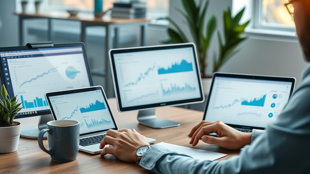 sleek tech gadgets with analytics dashboards, laptops and mobile devices used by social media managers for media management