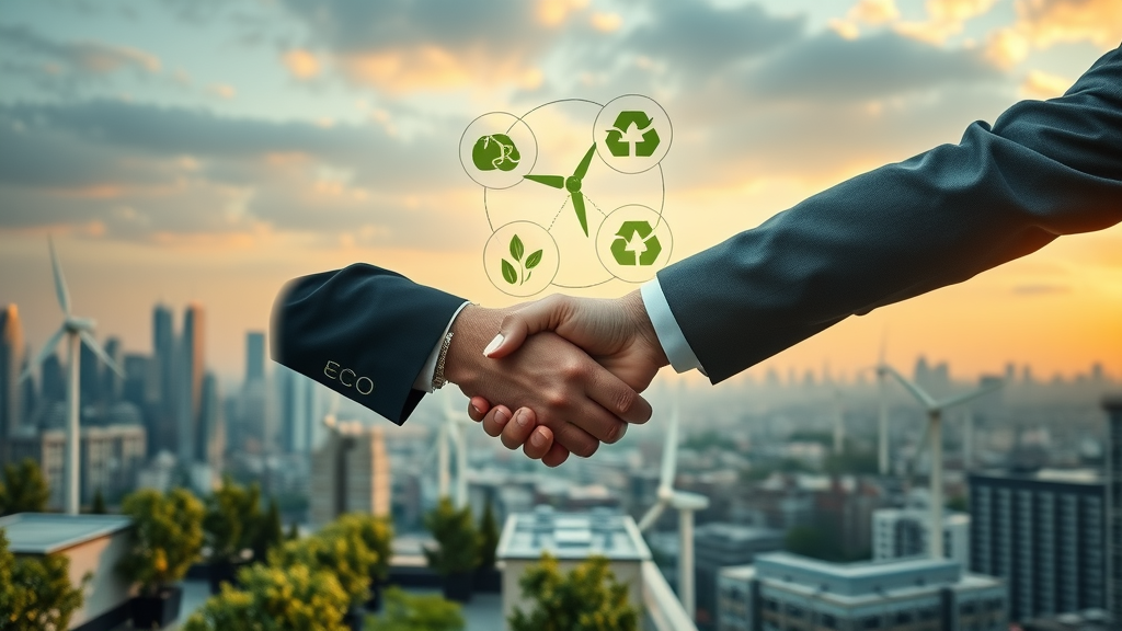Corporate Partnership for umweltbewusste SEO with eco-friendly cityscape