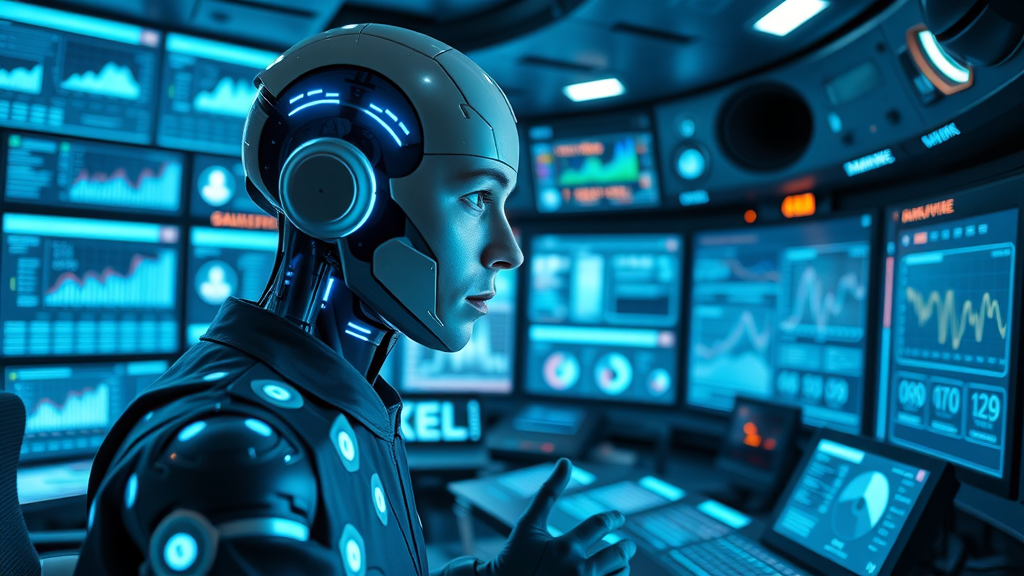 advanced artificial intelligence avatar managing digital social media accounts and analytics in ultra modern control center