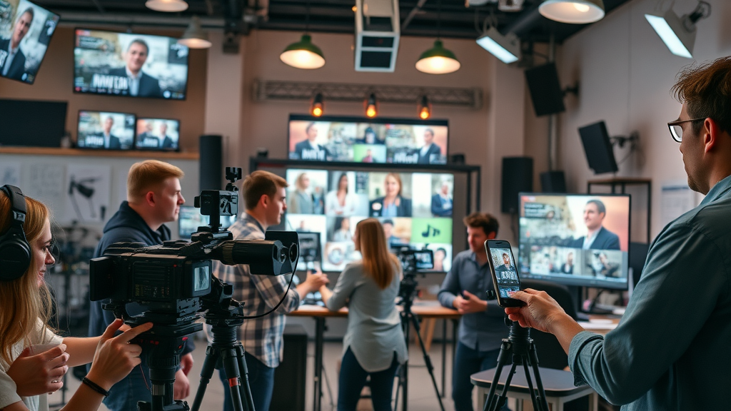 inhaltsoptimierung für markenwirkung: Dynamisches Team produziert Videos, Infografiken und Social Media Inhalte in kreativem Studio.