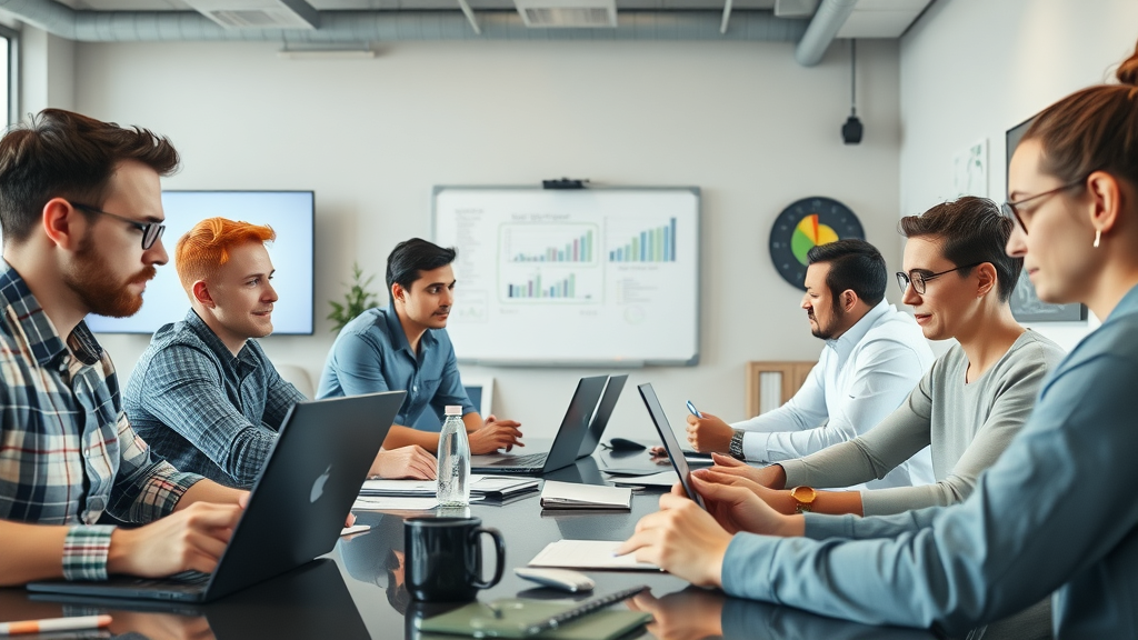 SEO-Experten konzentriert an Laptops, nachhaltige SEO Praktiken im modernen Büro