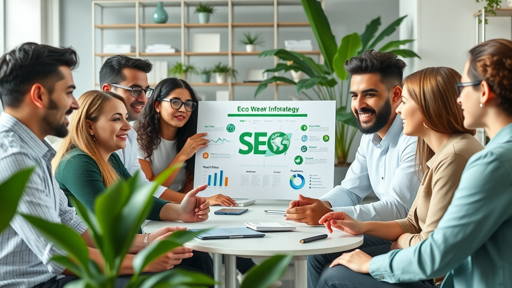 Business team discussing umweltbewusste SEO strategy in green modern office