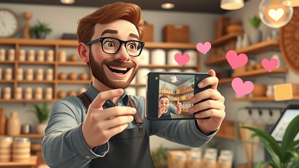 authentic business owner filming live social media video, happy, cozy shop