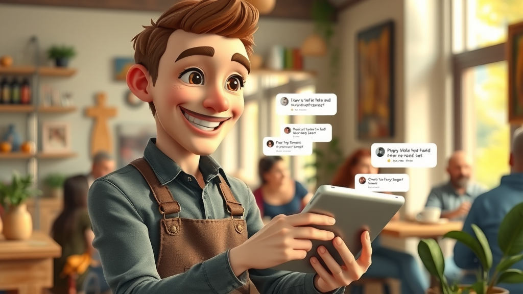 small business owner smiling happy responding to customer comments on social media in cafe