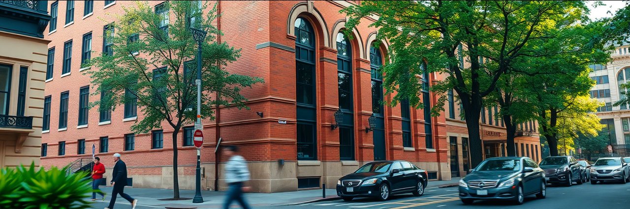 Historic brick building on tree-lined street in Ludwigshafen, naturkost ludwigshafen.