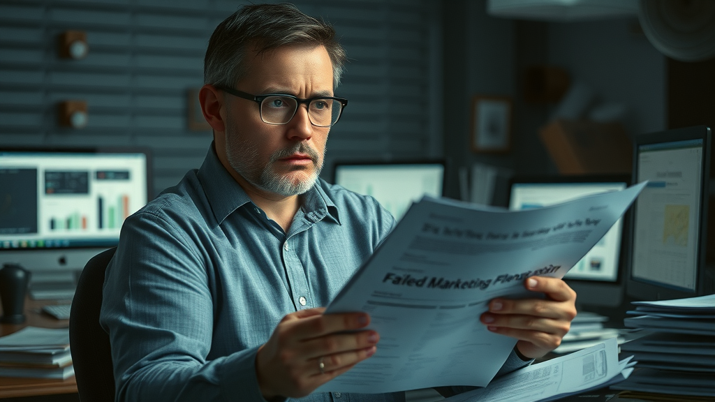 Concerned marketing manager reviewing failed content marketing plans
