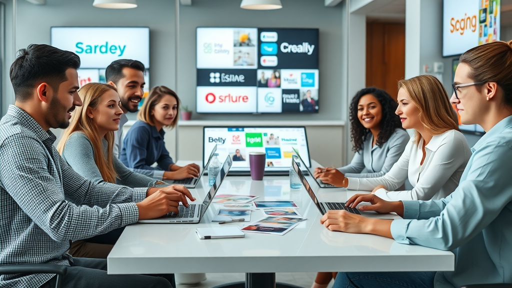 energetic team of diverse digital marketers collaborating on digital branding strategy in modern office, digital branding