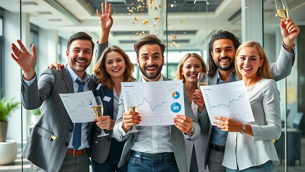 social-media-analyse, business team celebrating social media campaign results with analytics reports