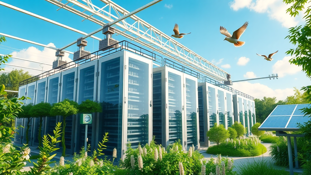 Eco-friendly data center powered by solar panels, demonstrating umweltbewusste SEO infrastructure
