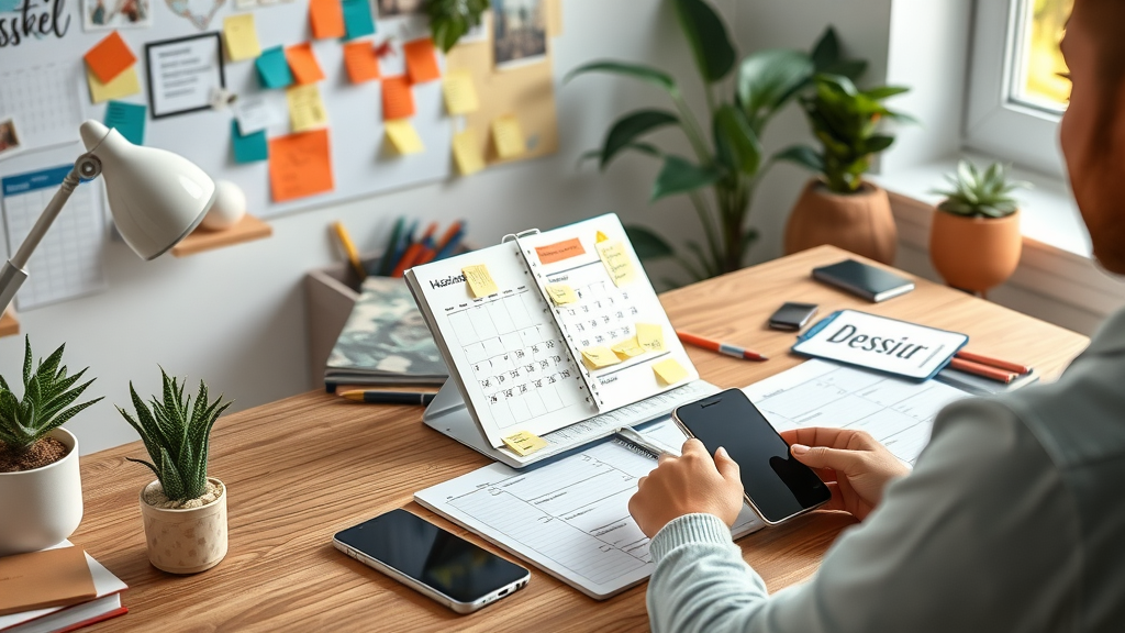 organized desk workspace with content calendar, digital devices, sticky notes and social media planning tools