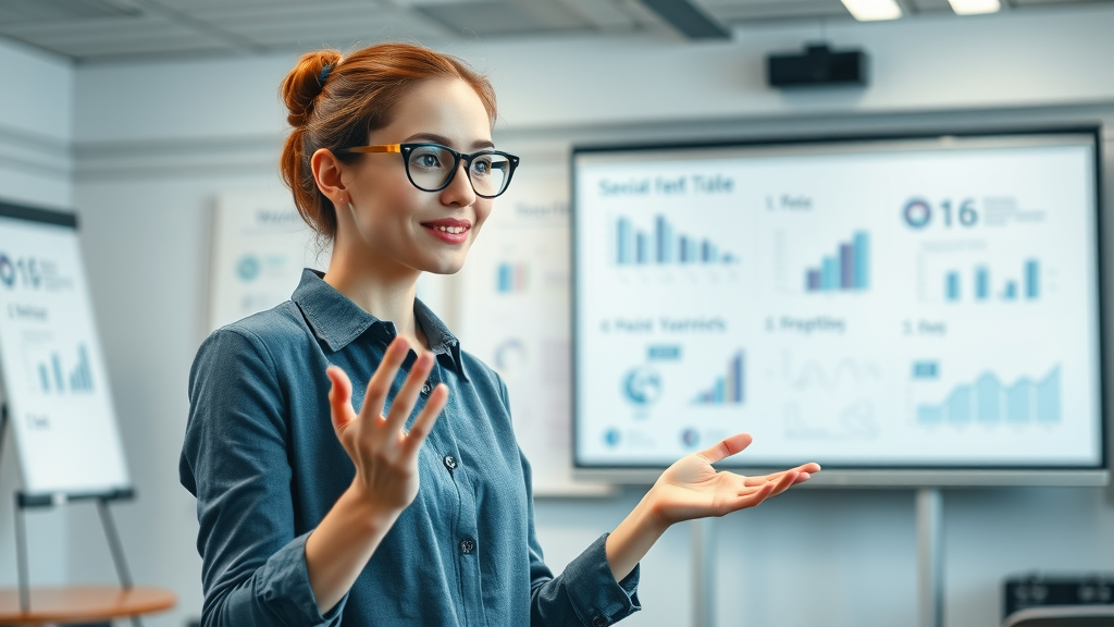Whiteboard Social Media Strategie für ein kleines Unternehmen, Graphen und Diagramme, Unternehmerin erläutert