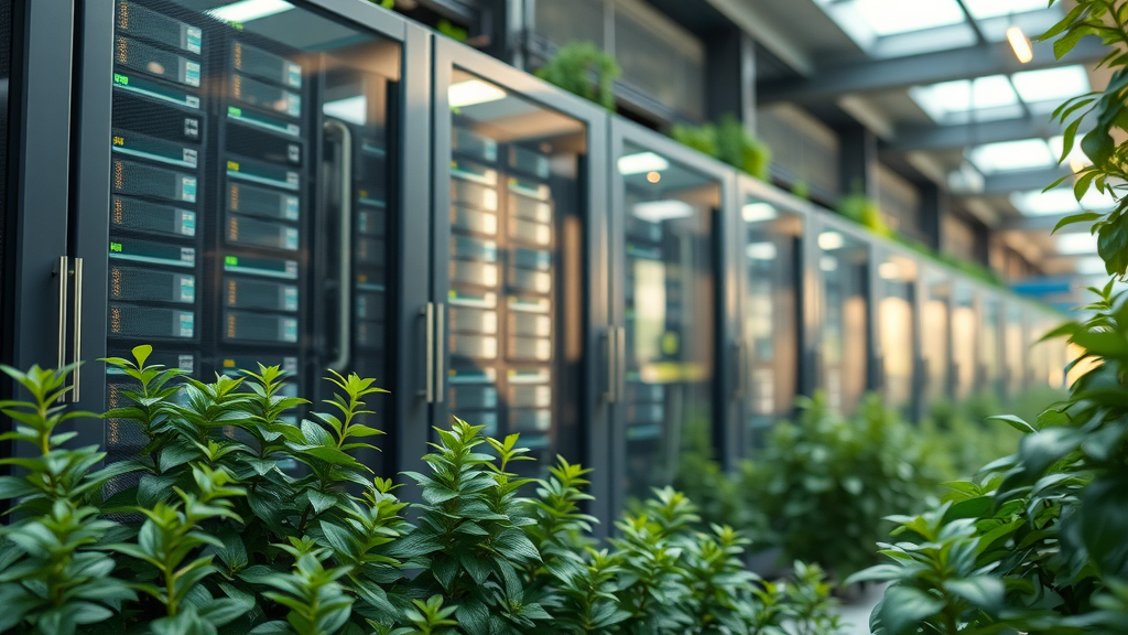 nachhaltige digitale Infrastruktur, grüne Serverracks mit Pflanzen, umweltfreundliche Technologien