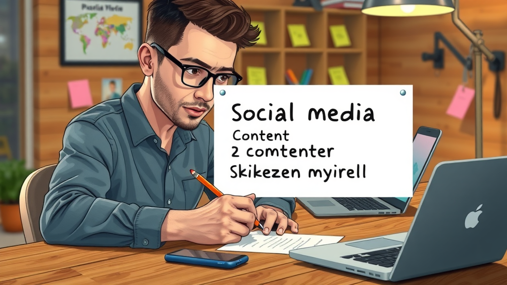 Notizblock mit Social Media Content Skizzen für ein kleines Unternehmen, kreativer Mann schreibt Kampagnentexte
