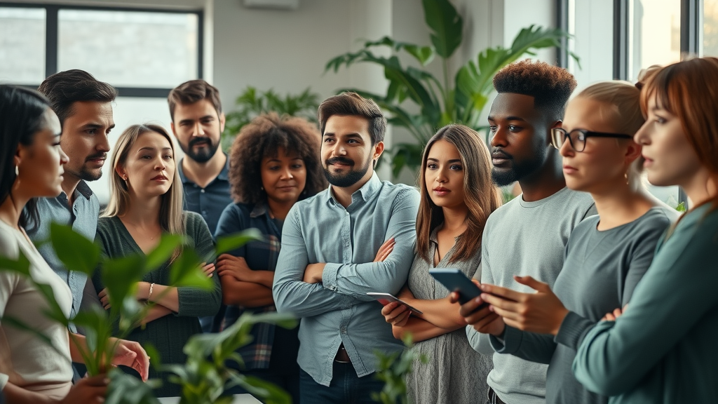 A thoughtful diverse group of people captivated by a storyteller in a modern workspace. Brand storytelling für social impact in action.