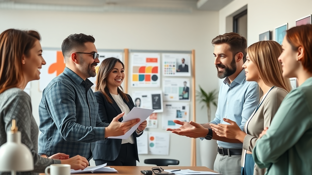 captivating business branding scene with enthusiastic creative professionals discussing brand identity strategy, highlighting brand personality development in a contemporary workspace with branding materials and mood boards