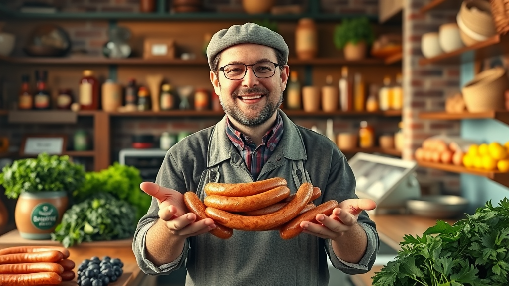 Organic butcher presenting zertifizierte Bio-Wurst in a traditional shop