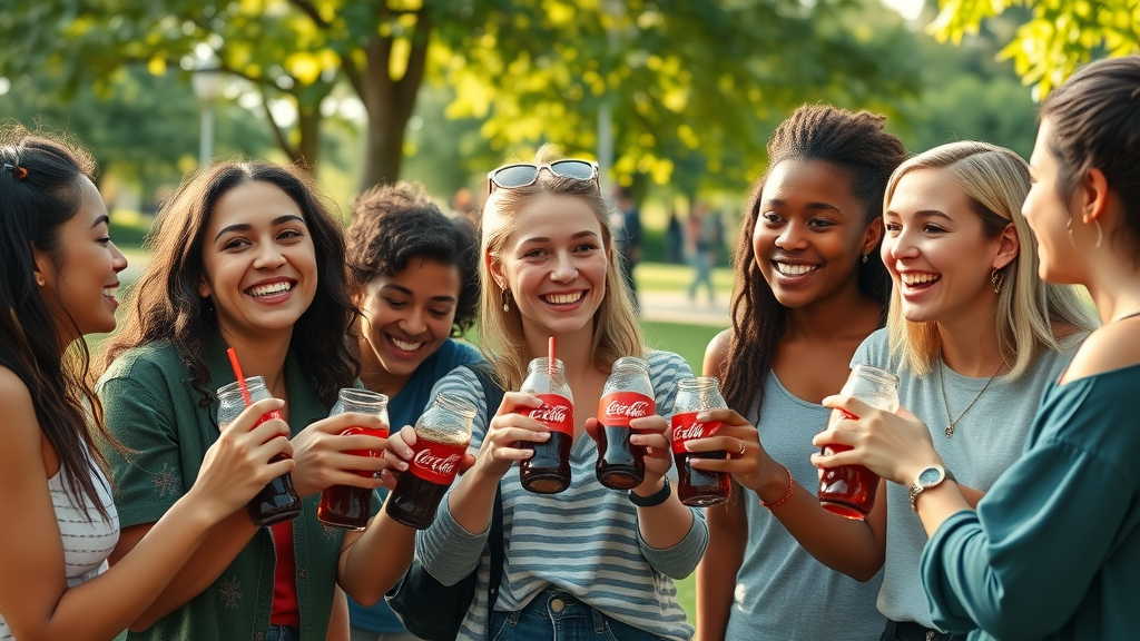 Coca-Cola brand tone of voice seen in joyful group sharing drinks outdoors
