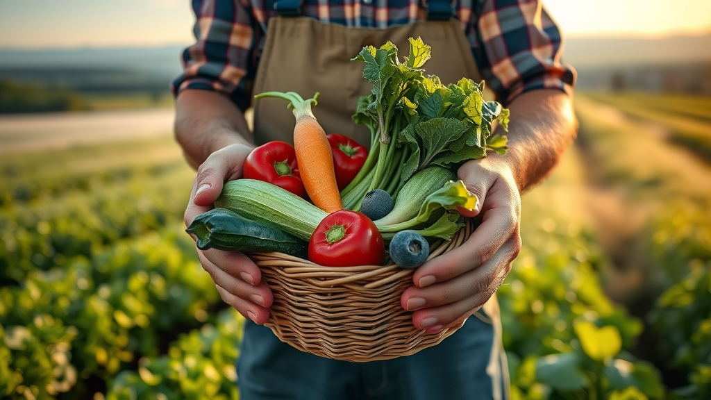 Local Ludwigshafen farmer with fresh naturkost vegetables in morning light