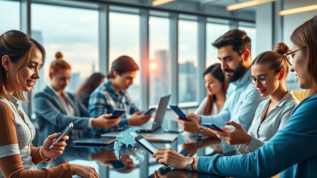 global social media marketing digital workspace, diverse people using smartphones and laptops engaging on social media platforms