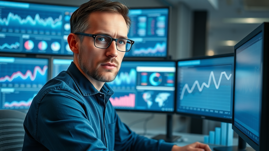 inhaltsoptimierung für markenwirkung: Analytischer Marketer beobachtet KPI-Dashboards mit Marken-bezogenen Daten in moderner High-Tech-Umgebung.