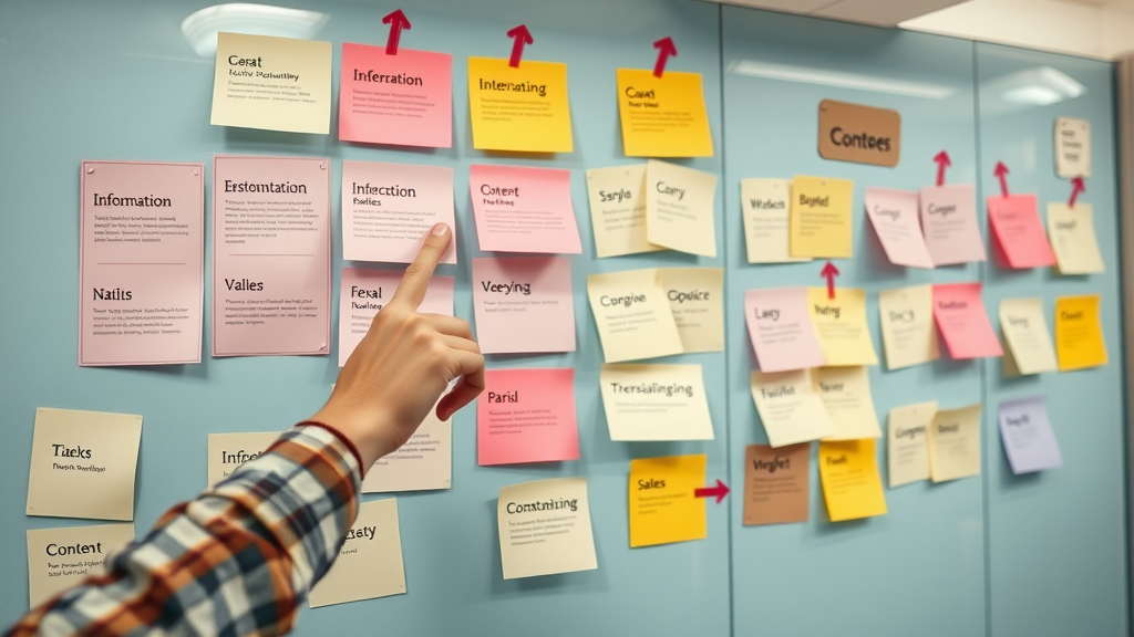 creative content planning for social media marketing, marketer organizing different content types on color-coded board