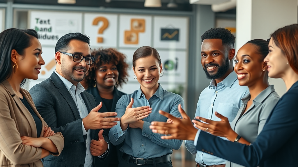 professional diverse business team collaborating on branding strategy, voice consistency visual
