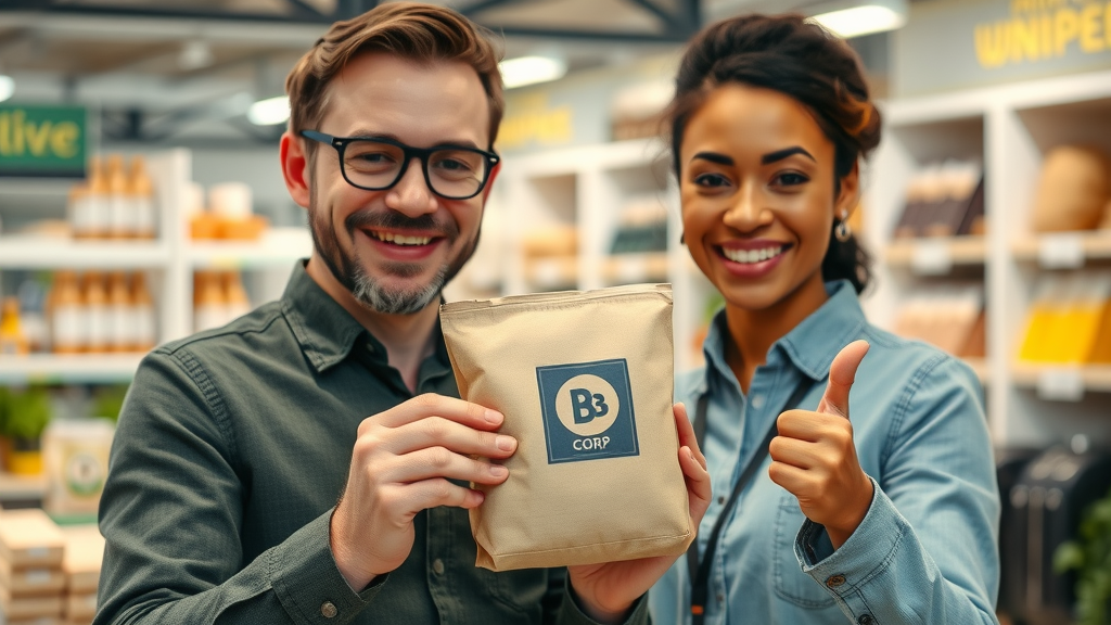 Zertifiziertes B Corp Konsumgüterunternehmen präsentiert Produkt mit B Corp Siegel im modernen Verkaufsumfeld