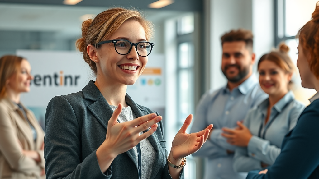 inspirierende Unternehmensberaterin erklärt die digitale Markenstimme einem kleinen Team im modernen Büro