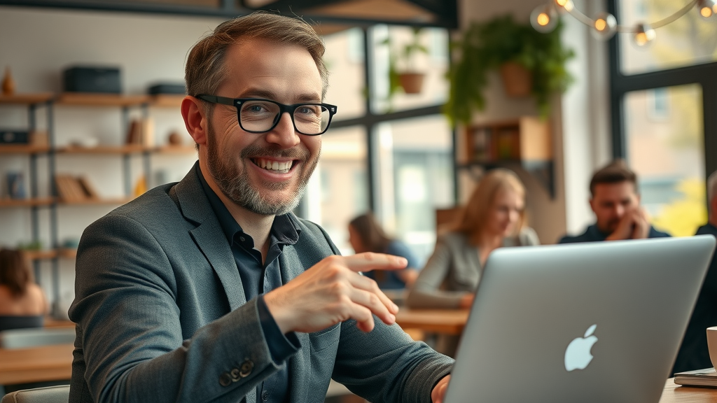 regionale Marke Kaiserslautern, Unternehmer erklärt digitale Kommunikation in modernem Café