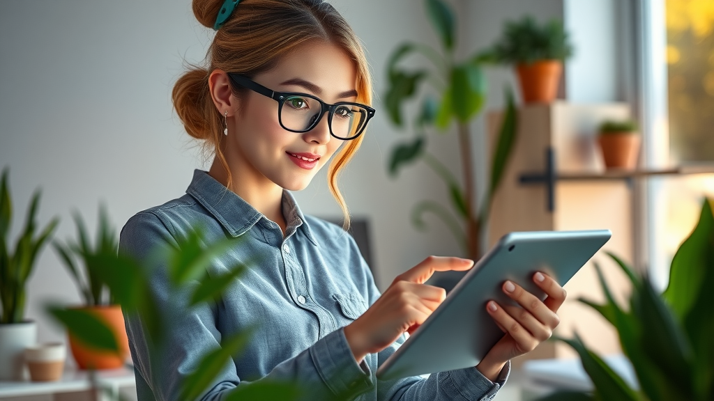 innovative KI im digitalen Marketing, Designerin interagiert mit ChatGPT Interface in nachhaltiger Umgebung