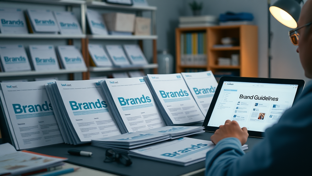 organized creative workspace with printed brand guidelines and digital tablets showing branding consistency, ensuring brand identity remains strong and consistent