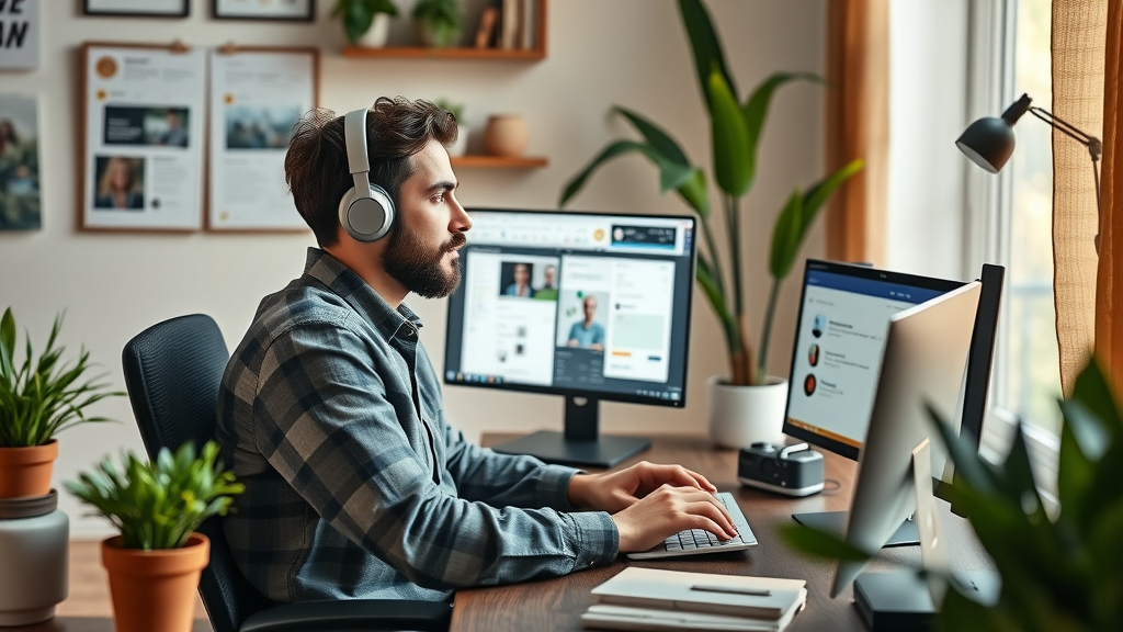 remote worker at home desk using video, chat and project management tools, digital communication in remote work