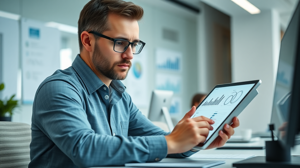motivated marketing analyst analyzing brand personality KPIs and data charts at a modern workspace, focused on evaluating dimensions of brand