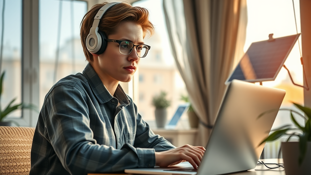effiziente digitale Content-Produktion, Fachkraft prüft Tools zur Dateikomprimierung, modernes nachhaltiges Homeoffice