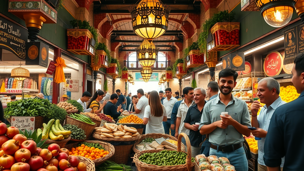 Bustling Middle Eastern market showcasing fresh orientalische Spezialitäten.